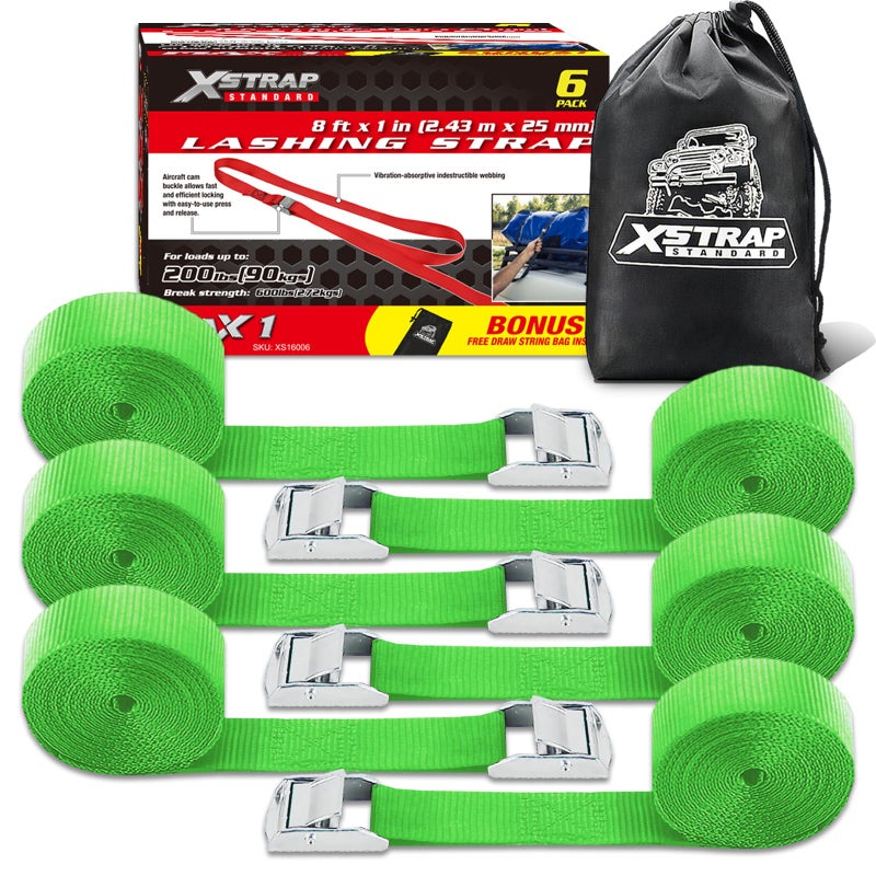 XSTRAP STANDARD Cam Buckle Straps 6PK 8FT Powersports Tie-Downs 1-Inch Green Lashing Straps with Carry Bag, Best for Securing Cargo, Luggage, Kayak - Image 1